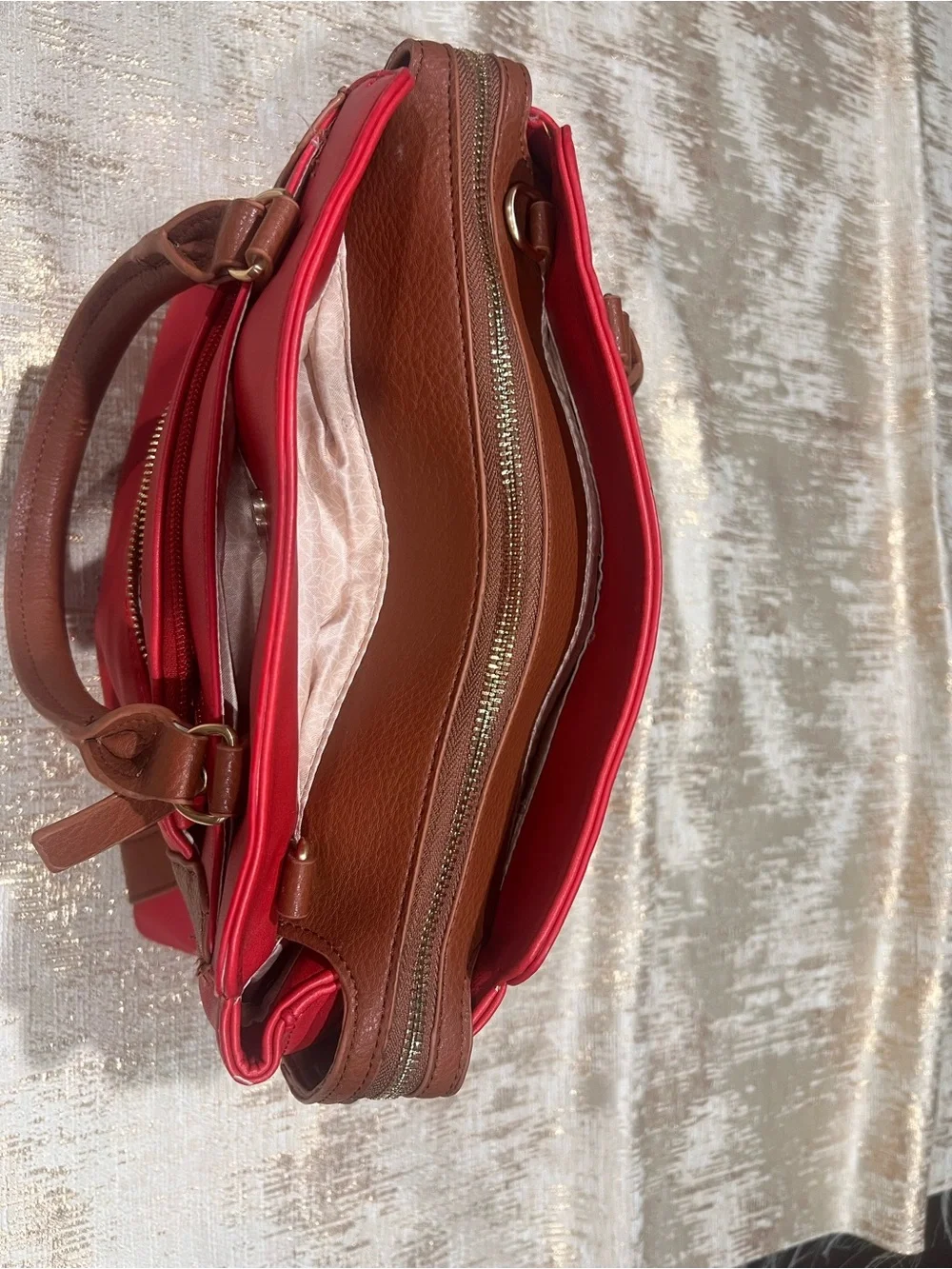 Red Women's Satchel Handbag with Brown Trim